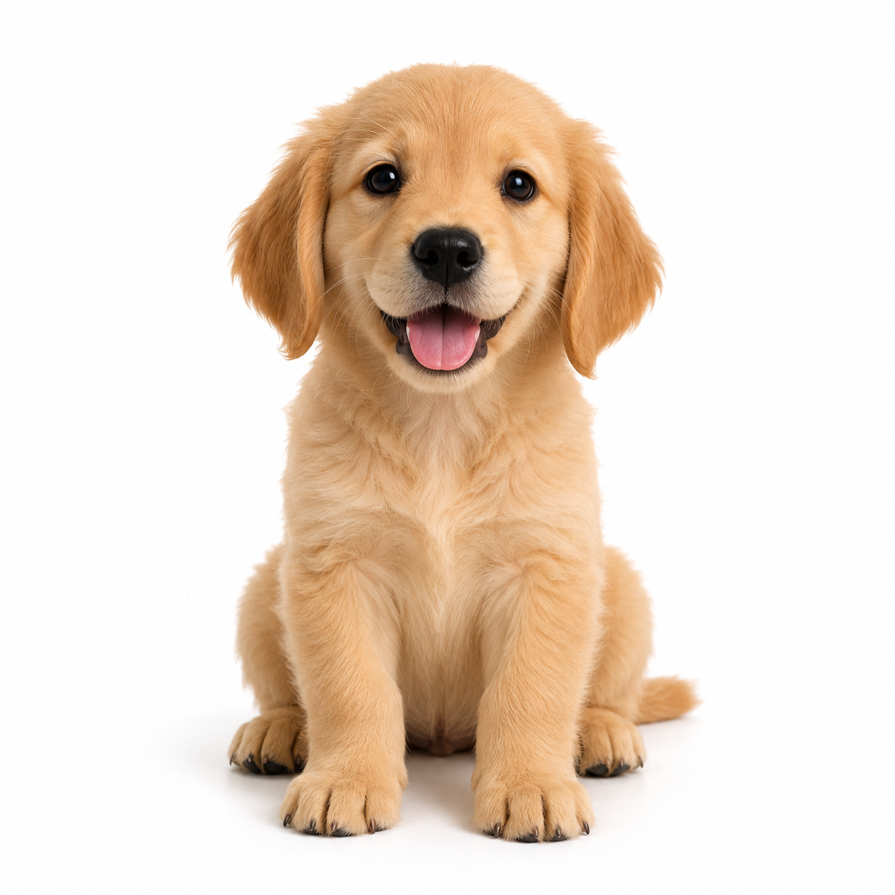 Realistic golden retriever puppy sitting on a white background