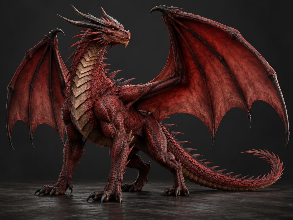 Cinematic full-body red dragon